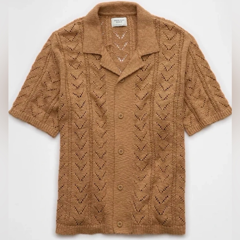 Tan AE Weekend Pointelle Button-Up Sweater Polo Shirt NWT